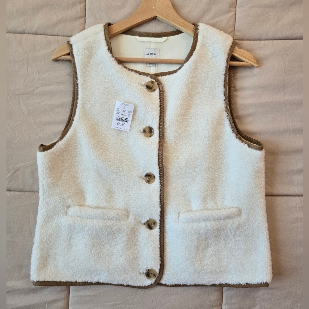 NWT J. CREW Cream and Brown Sherpa Sleeveless Jacket / Vest XS